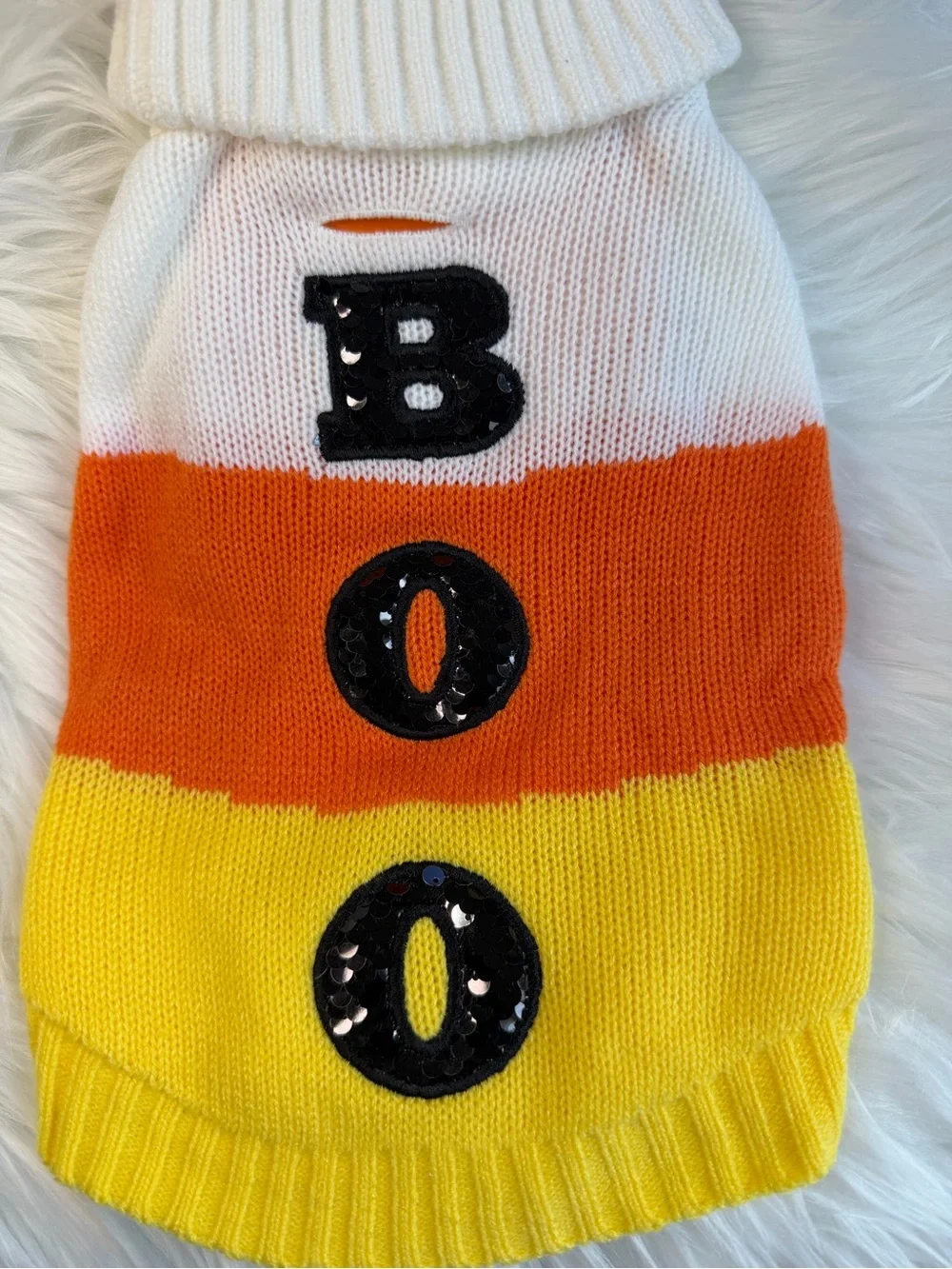 Candy Corn 'BOO' Black Sequins Knit Dog Sweater - Small